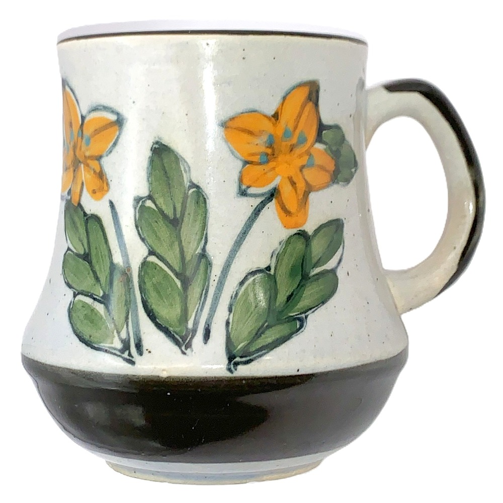 Fat Bottom Stoneware Coffee Mug Retro 1970 Hand Painted Flower Design 12 oz